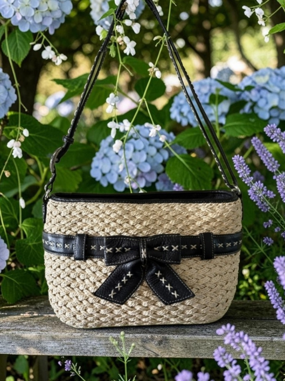 Brighton Ellery Leather Woven Straw Shoulder Bag with a Bow Accent